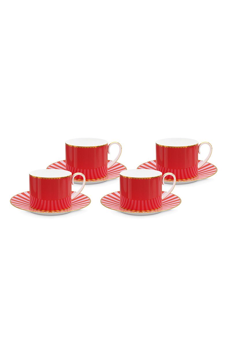 Love Birds Set/4 Espresso Cups & Saucers Red