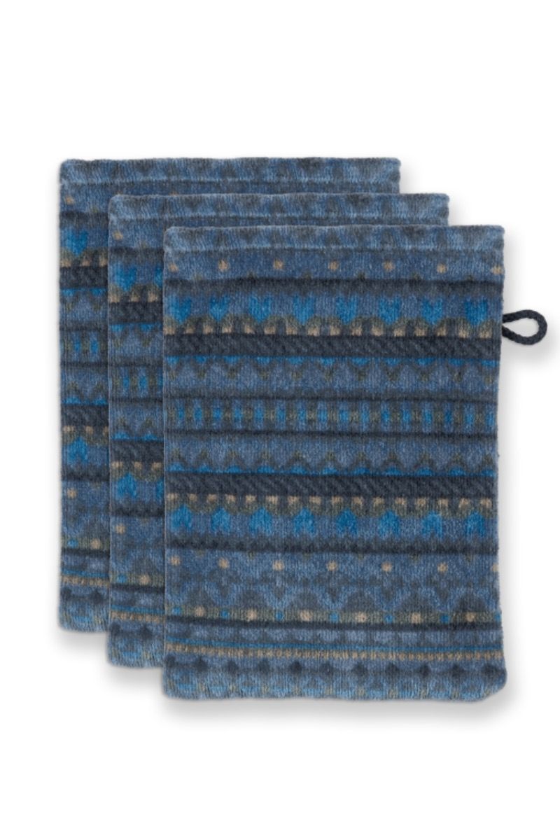 Washcloth Set/3 Geometric Print Dark Blue 16x22cm