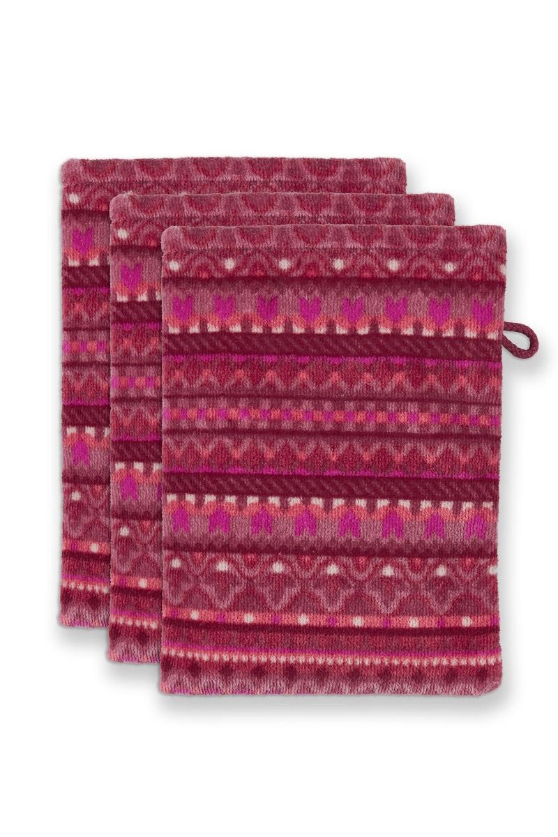 Lot de 3 Gants de Toilette Geometric Print Rose Foncé 16x22cm