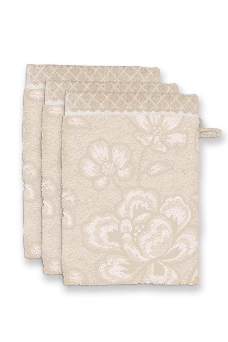 Lot de 3 Gants de Toilette Jasmin Jacquard Sable 16x22cm