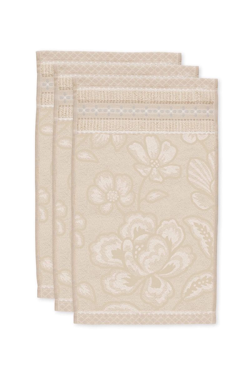 Lot de 3 Serviettes Invité Jasmin Jacquard Sable 30x50cm