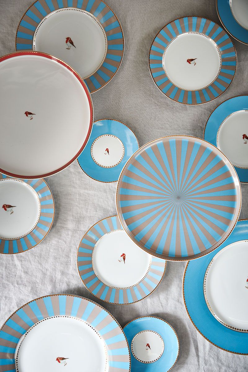 Love Birds Set/4 Pastry Plates Blue/Khaki 17 cm