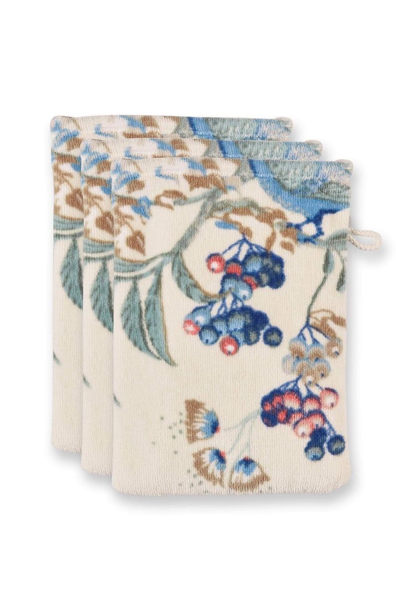 Washandje Set/3 Secret Garden Wit/Blauw 16x22cm